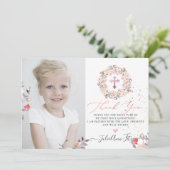 Invitation Aquarelle Pastel Merci de communion Rose (Debout devant)