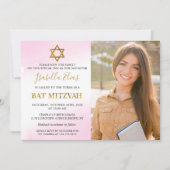 Invitation Aquarelle Pastel Pink Gold Photo Bat mitzvah (Devant)