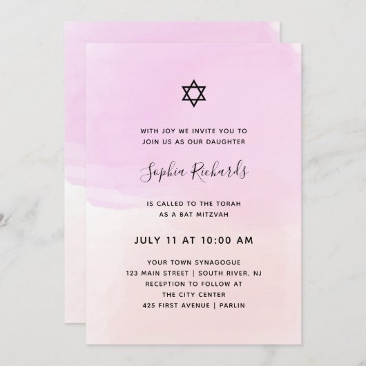 Invitation Aquarelle Pastel rose et violet | Bat mitzvah (Devant / Derrière)