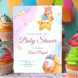 Invitation Aquarelle Pastel Rose Ourson Mignon Baby Shower