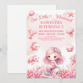 Invitation Aquarelle pastel rose petit sirène anniversaire (Devant / Derrière)