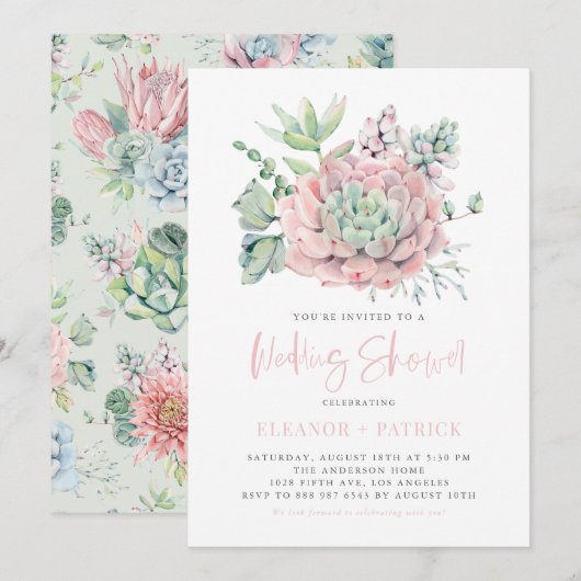 Invitation Aquarelle Pastel Succulents Wedding shower (Devant / Derrière)