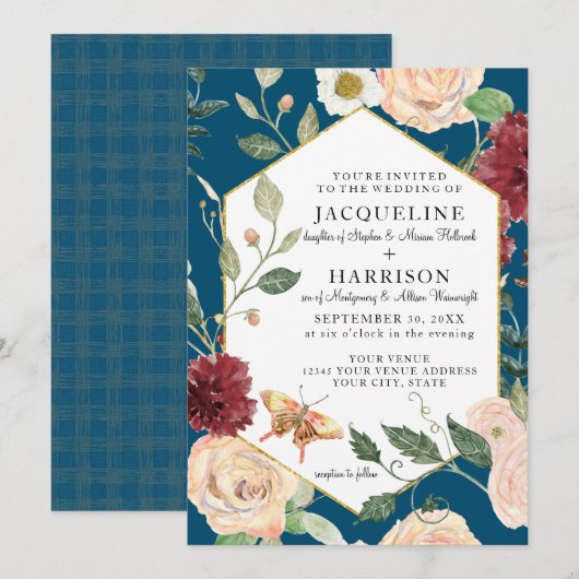 Invitation Aquarelle Pays Corail Floral Rose Papillon (Devant / Derrière)