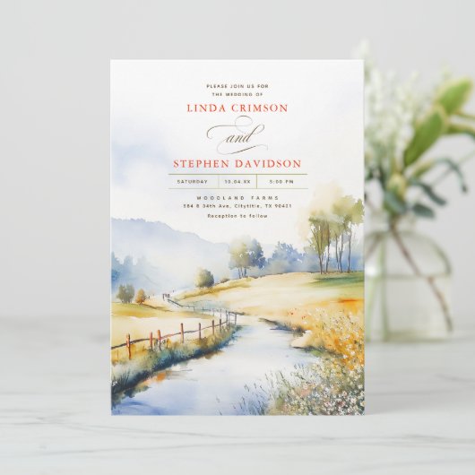 Invitation Aquarelle Paysage rural Mariage campagnard rustiqu (Debout devant)