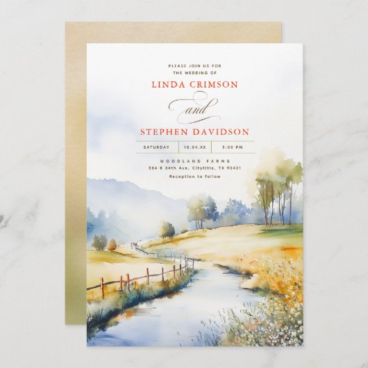Invitation Aquarelle Paysage rural Mariage campagnard rustiqu (Devant / Derrière)