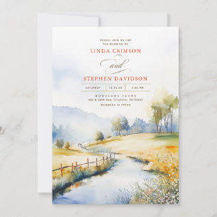 Invitation Aquarelle Paysage rural Mariage campagnard rustiqu