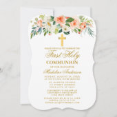 Invitation Aquarelle Peach Blanc Floral Or Première Communion (Devant)