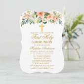 Invitation Aquarelle Peach Blanc Floral Or Première Communion (Debout devant)