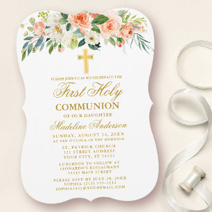Invitation Aquarelle Peach Blanc Floral Or Première Communion