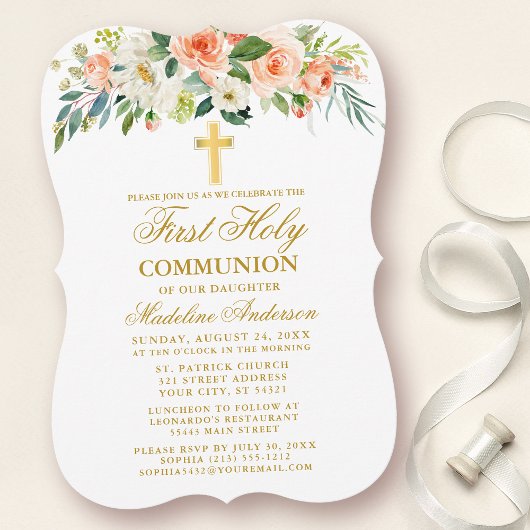 Invitation Aquarelle Peach Blanc Floral Or Première Communion