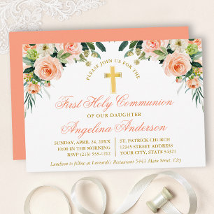 Invitation Aquarelle Peach Blanc Floral Première Communion Or