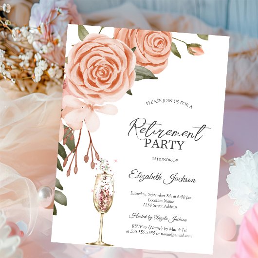 Invitation Aquarelle Peach Blush Flower Champagne Retirement