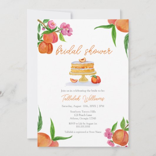Invitation Aquarelle Peach Cake Avec Fleurs Douche Nuptiale (Devant)