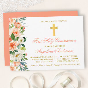 Invitation Aquarelle Peach Floral Gold Première communion