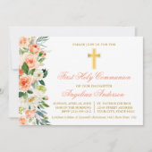 Invitation Aquarelle Peach Floral Gold Première communion (Devant)