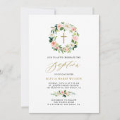 Invitation Aquarelle Peach Flowers Floral Wreath Baptism (Devant)