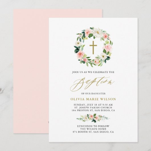 Invitation Aquarelle Peach Flowers Floral Wreath Baptism (Devant / Derrière)