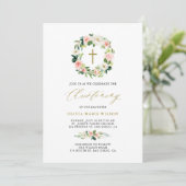 Invitation Aquarelle Peach Flowers Floral Wreath Christening (Debout devant)
