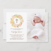 Invitation Aquarelle Peach Peony Wreath Photo Baby Blessing (Devant)