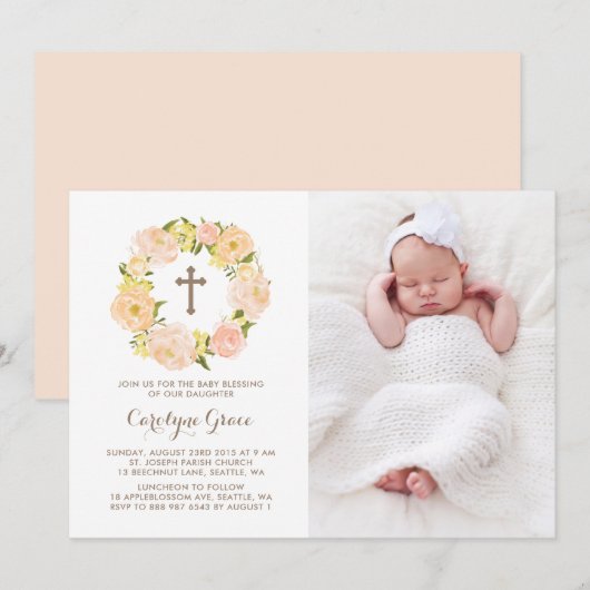 Invitation Aquarelle Peach Peony Wreath Photo Baby Blessing (Devant / Derrière)
