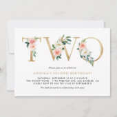 Invitation Aquarelle Peach Pink Flowers Gold Deuxième anniver (Devant)