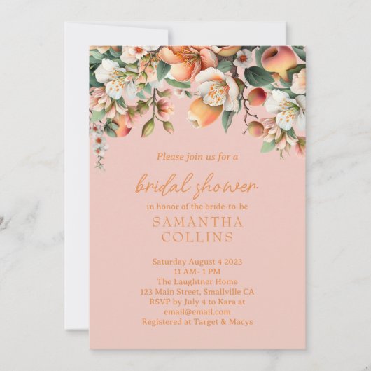 Invitation Aquarelle Peach rose Fête des mariées florale (Devant)