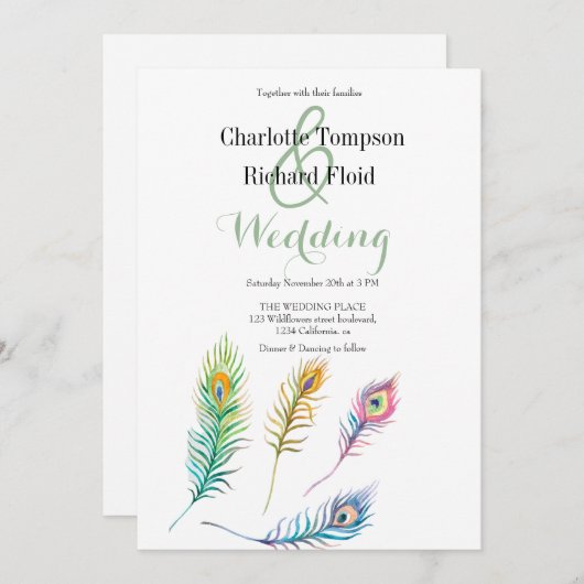 Invitation Aquarelle Peacock Feathers Mariage (Devant / Derrière)