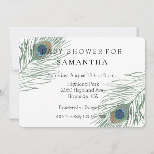 Invitation Aquarelle Peacock Feathes baby shower (Devant)