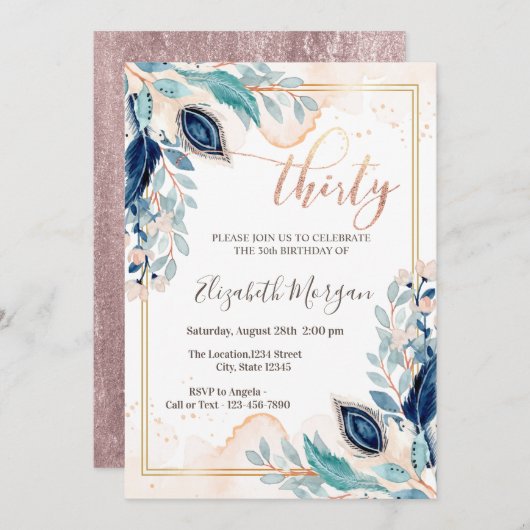 Invitation Aquarelle Peacock Floral 30e anniversaire (Devant / Derrière)