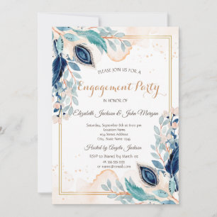 Invitation Aquarelle Peacock Floral Fiançailles bleu foncé
