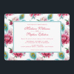 Invitation Aquarelle Peacock & Red Floral - Mariage<br><div class="desc">Cette belle motif aquarelle présente des plumes de paons et des fleurs roses| © et ® Bigstock® - Tous droits réservés.</div>