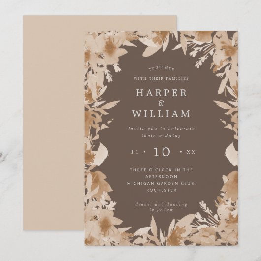 Invitation Aquarelle pêche/ beige brun boho mariage floral (Devant / Derrière)