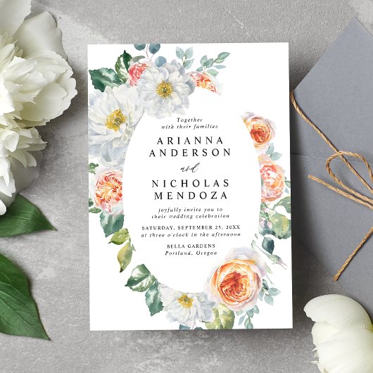 Invitation Aquarelle Pêche & Blanc Floral Oval Mariage Cadre