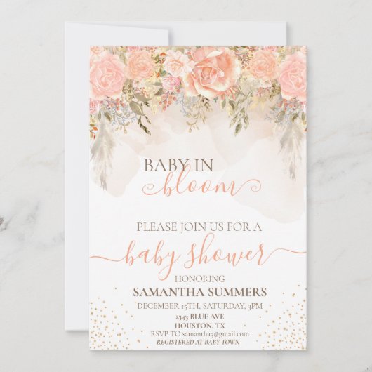 Invitation Aquarelle Pêche Boho Dans Le Baby shower Fleur Fle (Devant)