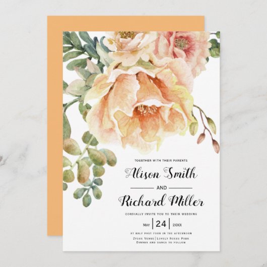 Invitation Aquarelle pêche corail fleurs typographie mariage (Devant / Derrière)