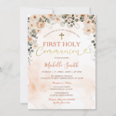 Invitation Aquarelle Pêche Florale Fille Première Sainte Comm (Devant)