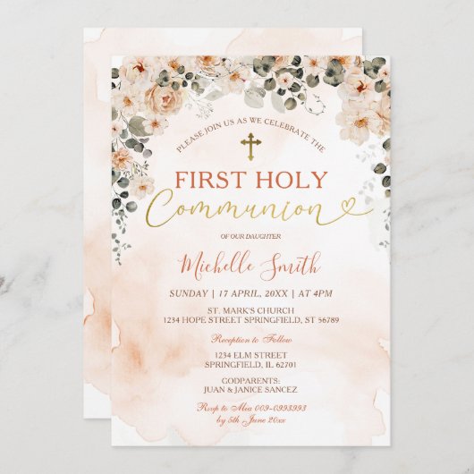 Invitation Aquarelle Pêche Florale Fille Première Sainte Comm (Devant / Derrière)