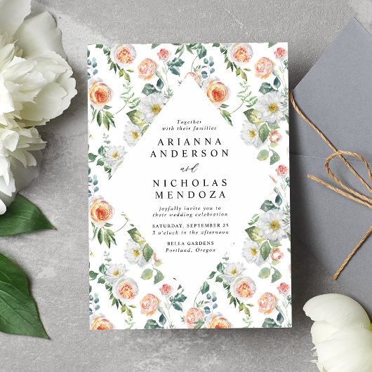 Invitation Aquarelle Pêche & Mariage de cadre Floral Blanc