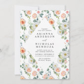 Invitation Aquarelle Pêche & Mariage de cadre Floral Blanc (Devant)