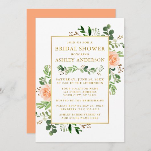 Invitation Aquarelle Pêche Rose Fête des mariées Verdure Or (Devant / Derrière)