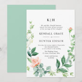 Invitation aquarelle pêche végétation fleurie mariage (Devant / Derrière)