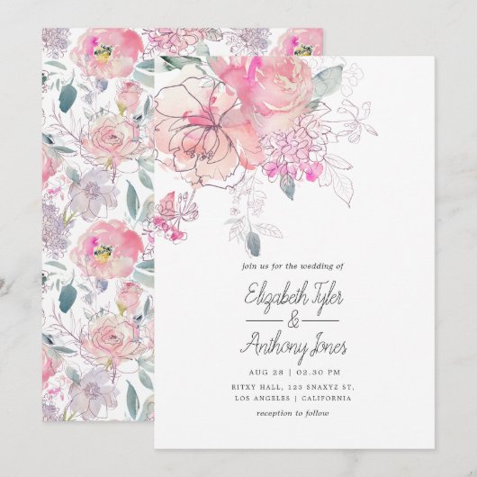 Invitation Aquarelle Peinte à la main Doodle Mariage Floral (Devant / Derrière)