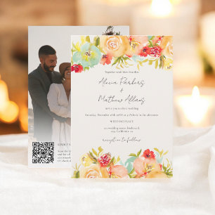 Invitation Aquarelle peinte Floral Photo Qr code Mariage