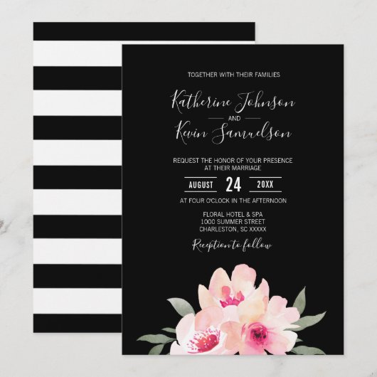Invitation Aquarelle Peinte Rose rose noir Mariage Floral (Devant / Derrière)