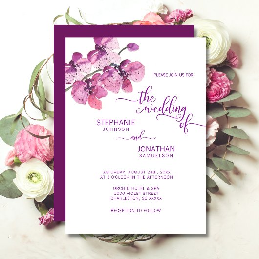 Invitation Aquarelle peinte violet orchidées florales Mariage
