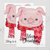 Invitation Aquarelle peinture de cochon rose avec foulard rou (Devant / Derrière)