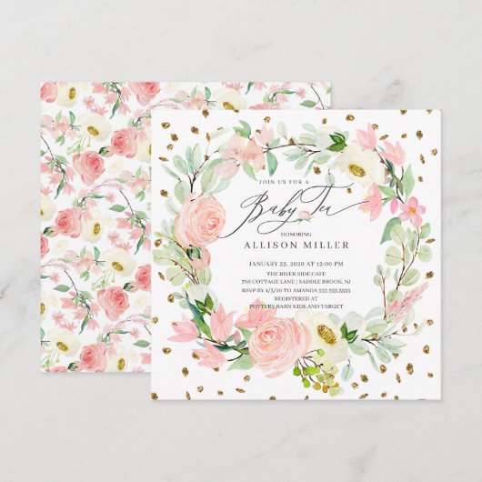 Invitation Aquarelle Peonies Floral Wreath Baby Tea Douche (Devant / Derrière)