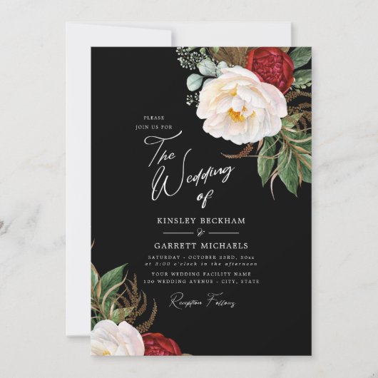 Invitation Aquarelle Peonies Mariage noir personnalisable (Devant)
