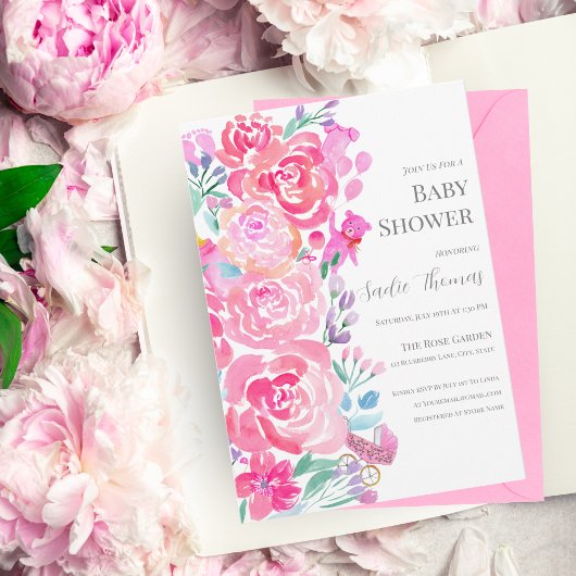 Invitation Aquarelle Peonies, Ours & Bébé Baby shower