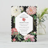 Invitation Aquarelle Peonies rose Fleurs Mariage Noir (Debout devant)